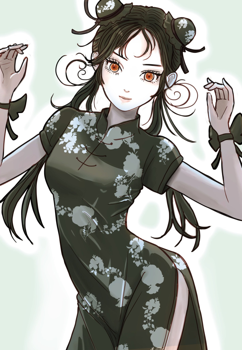 1girl black_bow black_hair bow china_dress chinese_clothes double_bun dress floral_print grey_dress hair_bun highres long_hair looking_at_viewer original outer_glow red_eyes side_slit solo standing tanuuuuu3 twintails wrist_bow