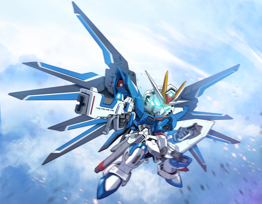 absurdres aiming arm_shield beam_rifle blue_eyes chibi clenched_hand clouds cloudy_sky debris energy_gun full_body glowing glowing_eyes gun gundam gundam_seed gundam_seed_freedom highres holding holding_gun holding_weapon legs_apart making-of_available mecha mechanical_wings mobile_suit no_humans rising_freedom_gundam robot science_fiction sd_gundam sky solo v-fin weapon wings zakuma