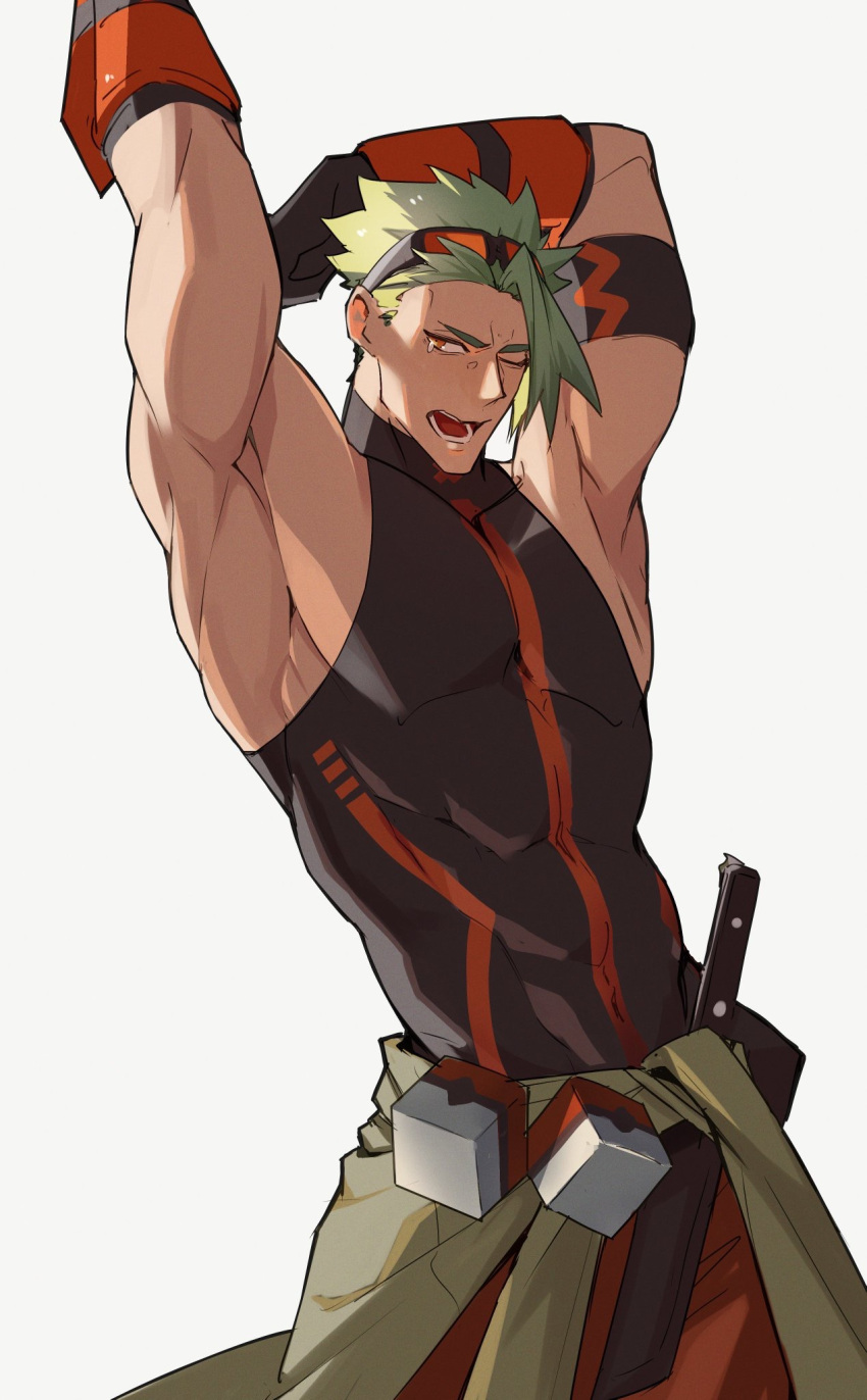 abs achilles_(fate) achilles_(fearless_diver)_(fate) armpits arms_up clothes_around_waist fate/grand_order fate_(series) gauntlets goggles goggles_on_head green_hair haruakira highres jacket jacket_around_waist large_pectorals male_focus muscular muscular_male one_eye_closed open_mouth orange_eyes pectorals sheath shirt short_hair simple_background sleeveless sleeveless_shirt stretching teeth turtleneck white_background