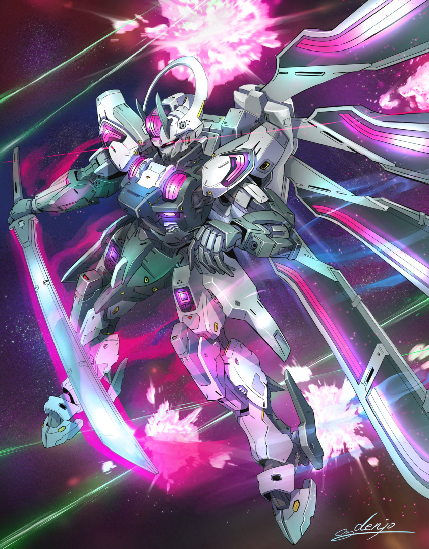 absurdres commentary_request denjyou23 explosion glowing gundam gundam_schwarzette gundam_suisei_no_majo highres holding holding_sword holding_weapon mecha mobile_suit no_humans robot science_fiction signature solo space sword violet_eyes weapon