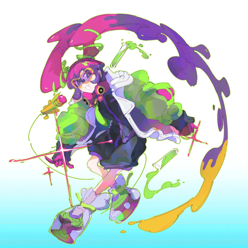 1girl black_jumpsuit blonde_hair blue_eyes coat flask full_body gloves goggles gradient_background green_sleeves grin hatsune_miku highres huihuimo jumpsuit long_hair long_sleeves looking_at_viewer multicolored_coat multicolored_hair open_clothes open_coat open_mouth pink_gloves pink_hair platform_footwear poison_miku_(project_voltage) pokemon project_voltage purple_hair short_jumpsuit smile solo sparkle standing twintails very_long_hair vocaloid