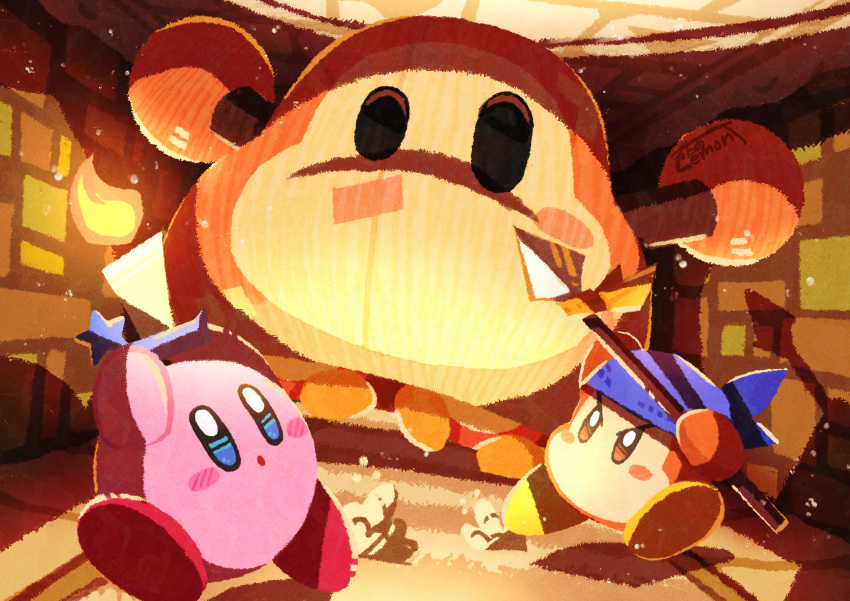 absurdres bandana bandana_waddle_dee blue_bandana blush_stickers candle candlestand colored_skin commentary_request highres holding holding_candle holding_polearm holding_weapon indoors kirby kirby's_return_to_dream_land kirby_(series) no_humans pink_skin polearm puppet_waddle_dee running shadow signature solid_oval_eyes spear waddle_dee watawata22 weapon