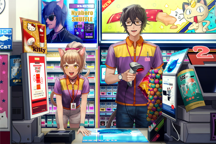 1boy 1girl :d absurdres ad animal_ears barcode_scanner beamed_sixteenth_notes bow brown_hair candy cat_ears cat_tail cigarette_pack clock convenience_store craple eighth_note food glasses hair_bow hello_kitty hello_kitty_(character) highres id_card indoors lanyard leaning_forward lollipop meowth musical_note original pen pen_in_pocket pink_bow pokemon ponytail purple_shirt raymond_(animal_crossing) sanrio shirt shop shorts smile tail uniform watch watch wristband yellow_eyes yellow_shirt