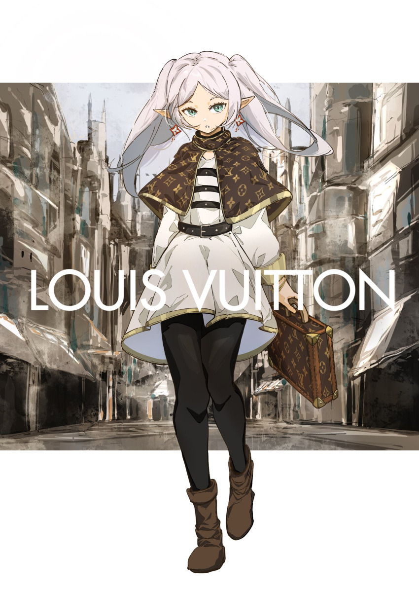 1girl belt black_belt briefcase brown_capelet brown_footwear building capelet earrings fashion frieren gold_trim green_eyes highres jewelry louis_vuitton_(brand) pointy_ears sousou_no_frieren t.k.c twintails white_hair