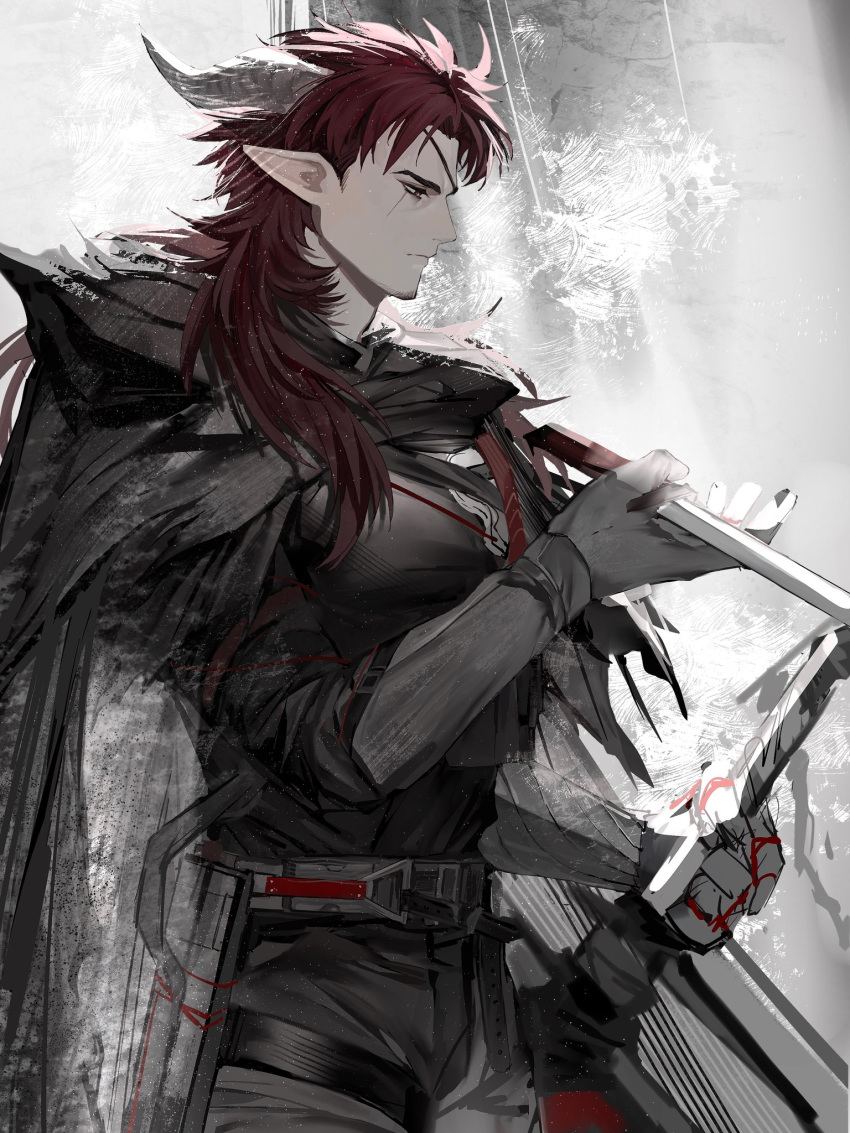 1boy arknights black_gloves black_jacket black_shirt demon_boy demon_horns eyewear_strap gloves grey_cloak highres hoederer_(arknights) holding holding_weapon horns jacket long_hair red_eyes shirt weapon yemingway_1214