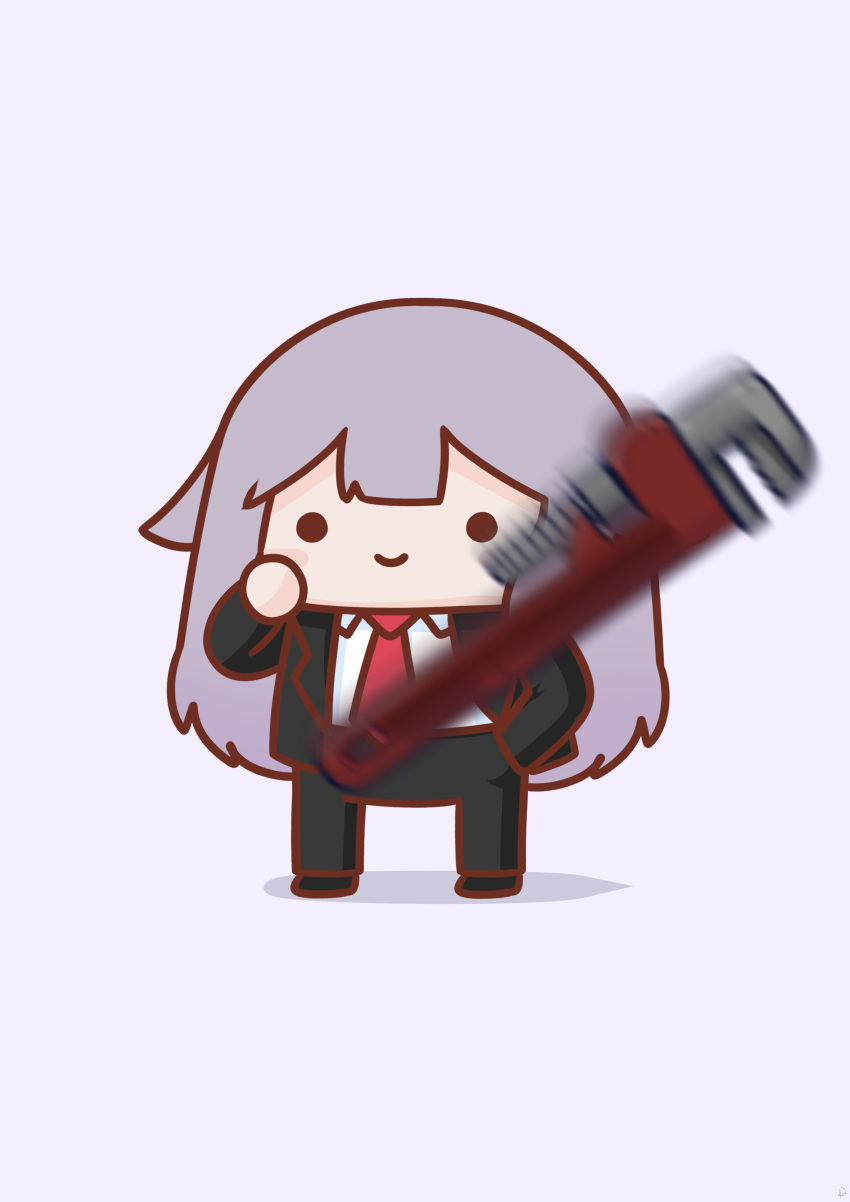 1girl absurdres agent_47 agent_47_(cosplay) black_footwear black_jacket black_pants blazer blush_stickers chibi collared_shirt cosplay dress_pants dress_shirt eminem_throwing_a_fat_rat_(meme) full_body hair_flaps hand_in_pocket highres hitman_(game) hololive hololive_english jacket koseki_bijou lavender_background long_hair looking_at_viewer meme necktie pants phdpigeon purple_hair red_necktie shadow shirt simple_background smile solid_circle_eyes solo standing suit throwing white_shirt wrench