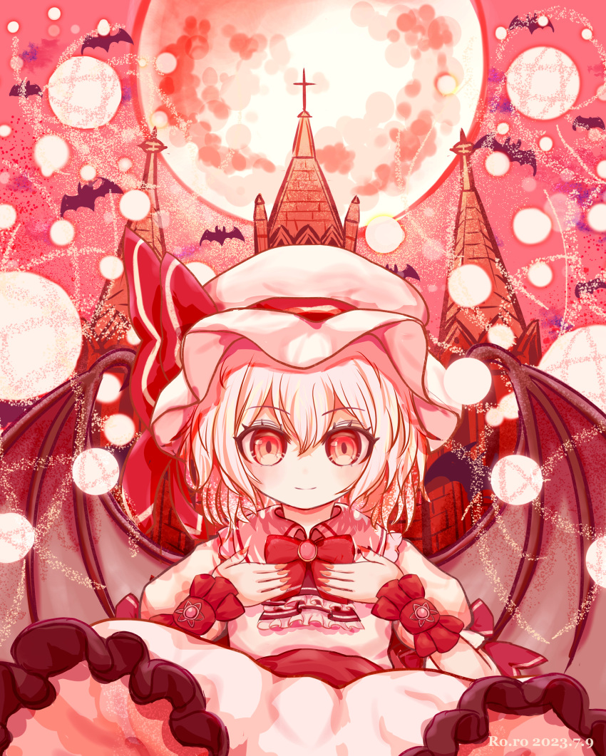 1girl absurdres artist_name bat_(animal) bat_wings bow bowtie closed_mouth commentary_request dated full_moon hat hat_ribbon highres looking_at_viewer mob_cap moon outdoors red_bow red_bowtie red_eyes red_ribbon remilia_scarlet ribbon ro.ro scarlet_devil_mansion short_hair spell_card touhou upper_body white_hair white_headwear wings wrist_cuffs