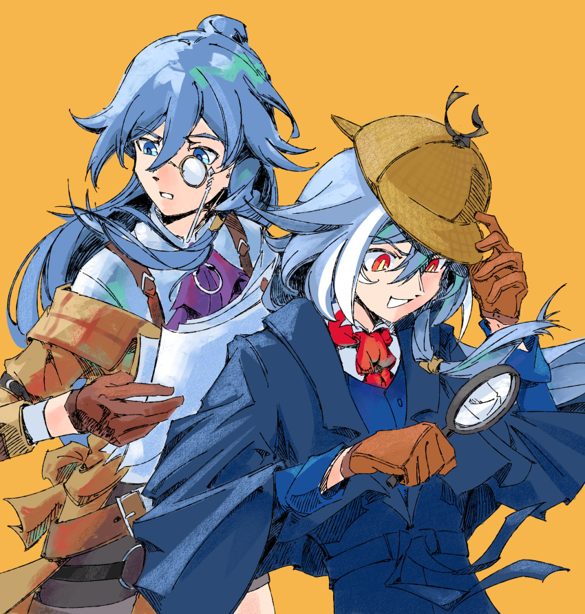 2girls absurdres ascot black_coat blue_eyes brown_gloves coat commentary detective dual_persona eudaemonm fu_hua fu_hua_(hawk_of_the_fog) fu_hua_(herrscher_of_sentience) fu_hua_(valkyrie_accipiter) gloves grey_hair hair_between_eyes hat high_ponytail highres holding holding_magnifying_glass holding_paper honkai_(series) honkai_impact_3rd long_hair looking_down magnifying_glass multicolored_hair multiple_girls official_alternate_costume paper purple_ascot red_eyes simple_background streaked_hair symbol-only_commentary upper_body yellow_background yellow_pupils