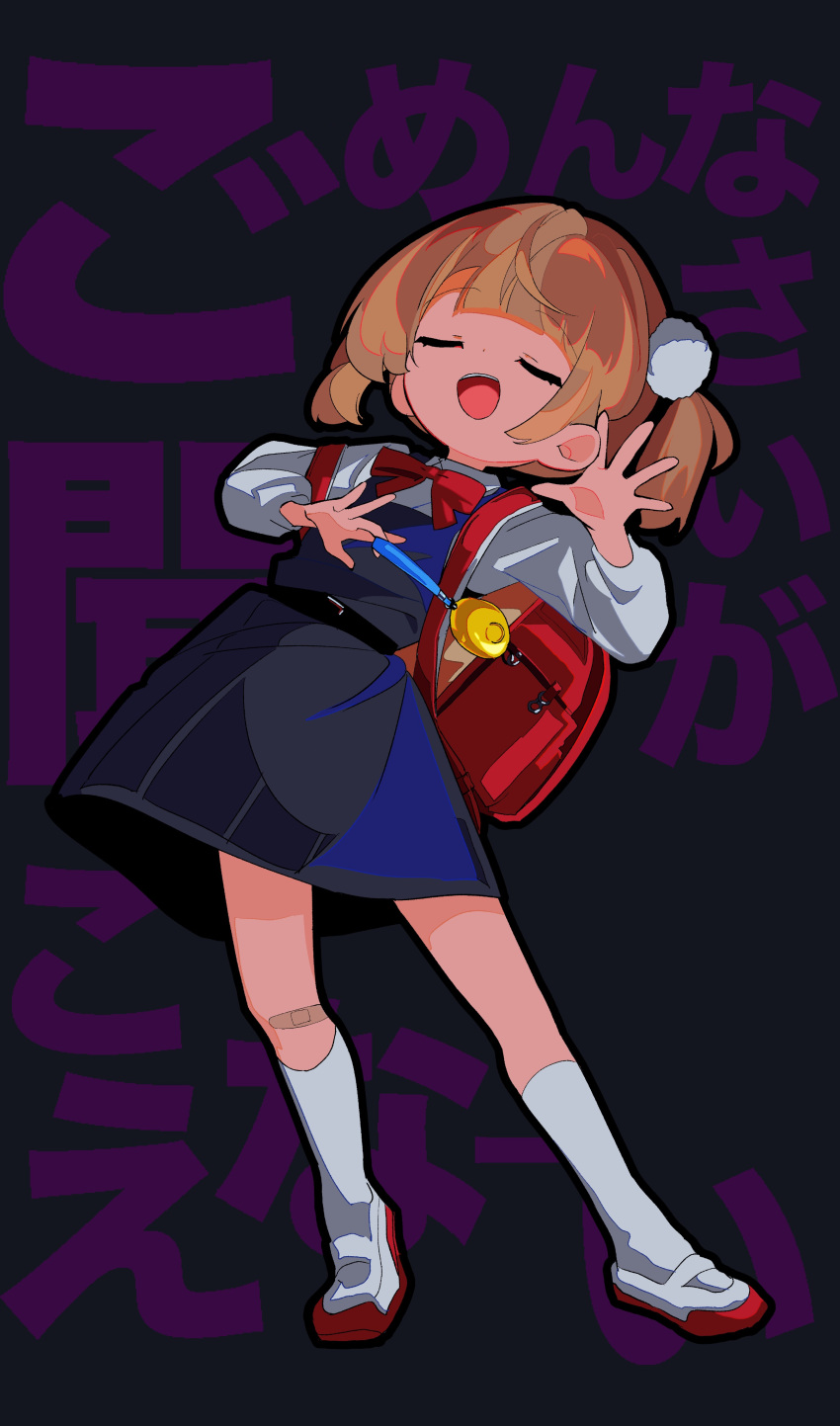1girl absurdres backpack bag bandaid bandaid_on_knee bandaid_on_leg blonde_hair blue_dress bow bowtie child closed_eyes commentary crime_prevention_buzzer dark_background dot_nose dress flat_chest full_body hair_ornament hand_up highres indie_virtual_youtuber kasaki_sakura legs long_sleeves medium_hair open_mouth pom_pom_(clothes) pom_pom_hair_ornament randoseru red_bag red_bow red_bowtie shigure_ui_(vtuber) shigure_ui_(young)_(vtuber) shirt shoes sidelocks socks solo standing teeth translation_request twintails upper_teeth_only uwabaki white_footwear white_shirt white_socks