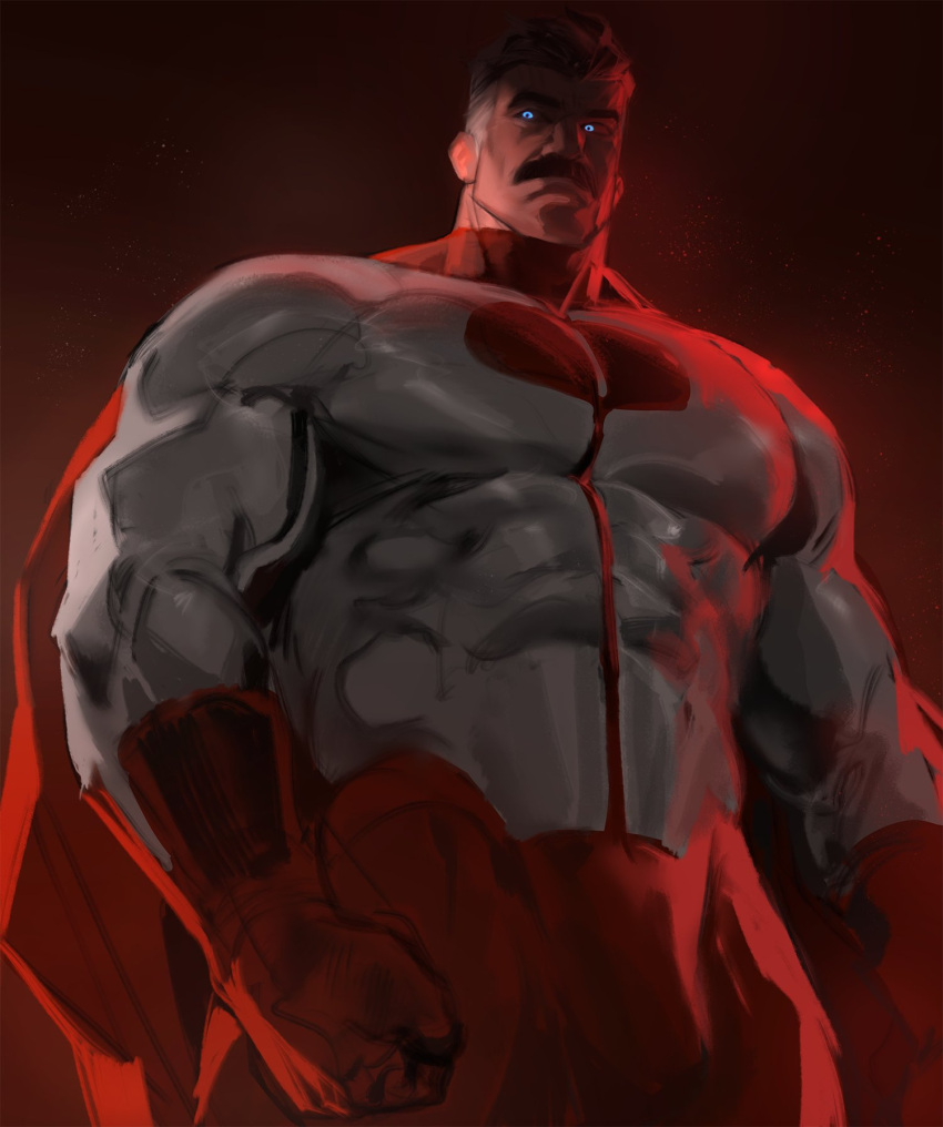 1boy black_hair blue_eyes bodysuit cape covered_abs dopey_(dopq) facial_hair gloves highres invincible_(series) large_pectorals looking_at_viewer male_focus multicolored_hair muscular muscular_male mustache nolan_grayson omni-man pectorals red_bodysuit red_cape short_hair solo two-tone_bodysuit two-tone_hair white_bodysuit white_hair