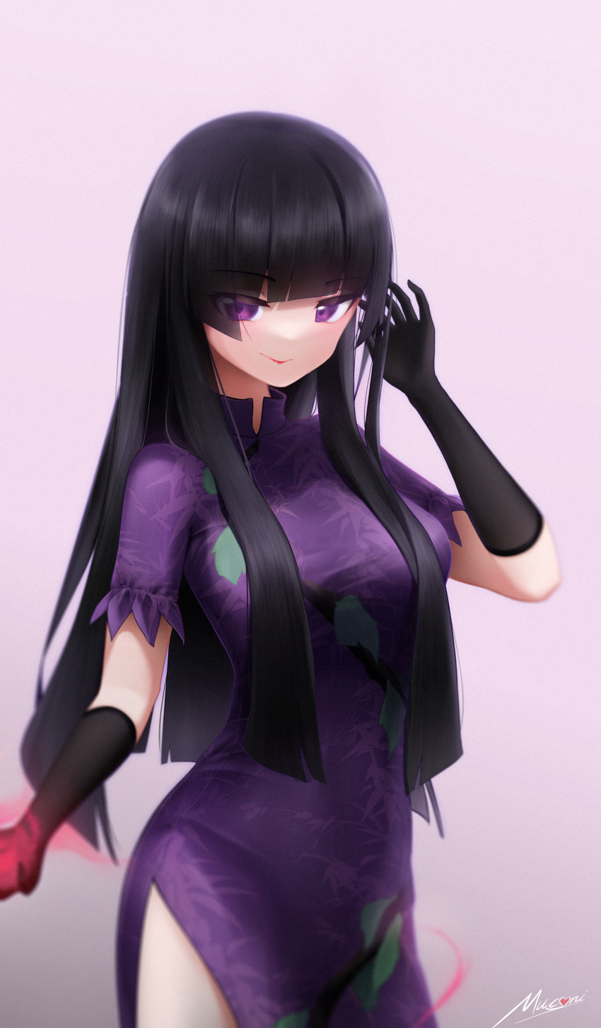 1girl absurdres artist_name black_gloves blunt_bangs china_dress chinese_clothes dress elbow_gloves gloves highres hime_cut looking_at_viewer mucsmi no_headwear print_dress puffy_short_sleeves puffy_sleeves purple_dress red_lips short_sleeves smile solo touhou violet_eyes yomotsu_hisami
