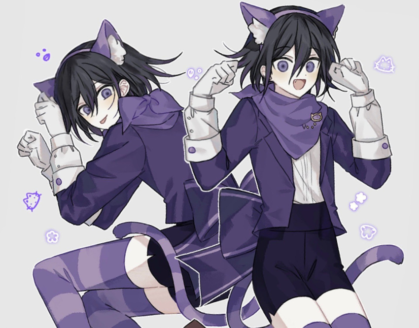 1boy :d animal_ears back_bow black_shorts bow cat_ears cat_tail cheshire_cat_(alice_in_wonderland) cheshire_cat_(alice_in_wonderland)_(cosplay) cosplay danganronpa_(series) danganronpa_v3:_killing_harmony fake_animal_ears fang grey_background jacket large_bow male_focus multiple_views neckerchief official_alternate_costume oma_kokichi open_clothes open_jacket paw_pose purple_jacket purple_neckerchief purple_thighhighs seuli_(sa404_3) shirt_tucked_in shorts simple_background smile striped striped_tail striped_thighhighs tail thigh-highs