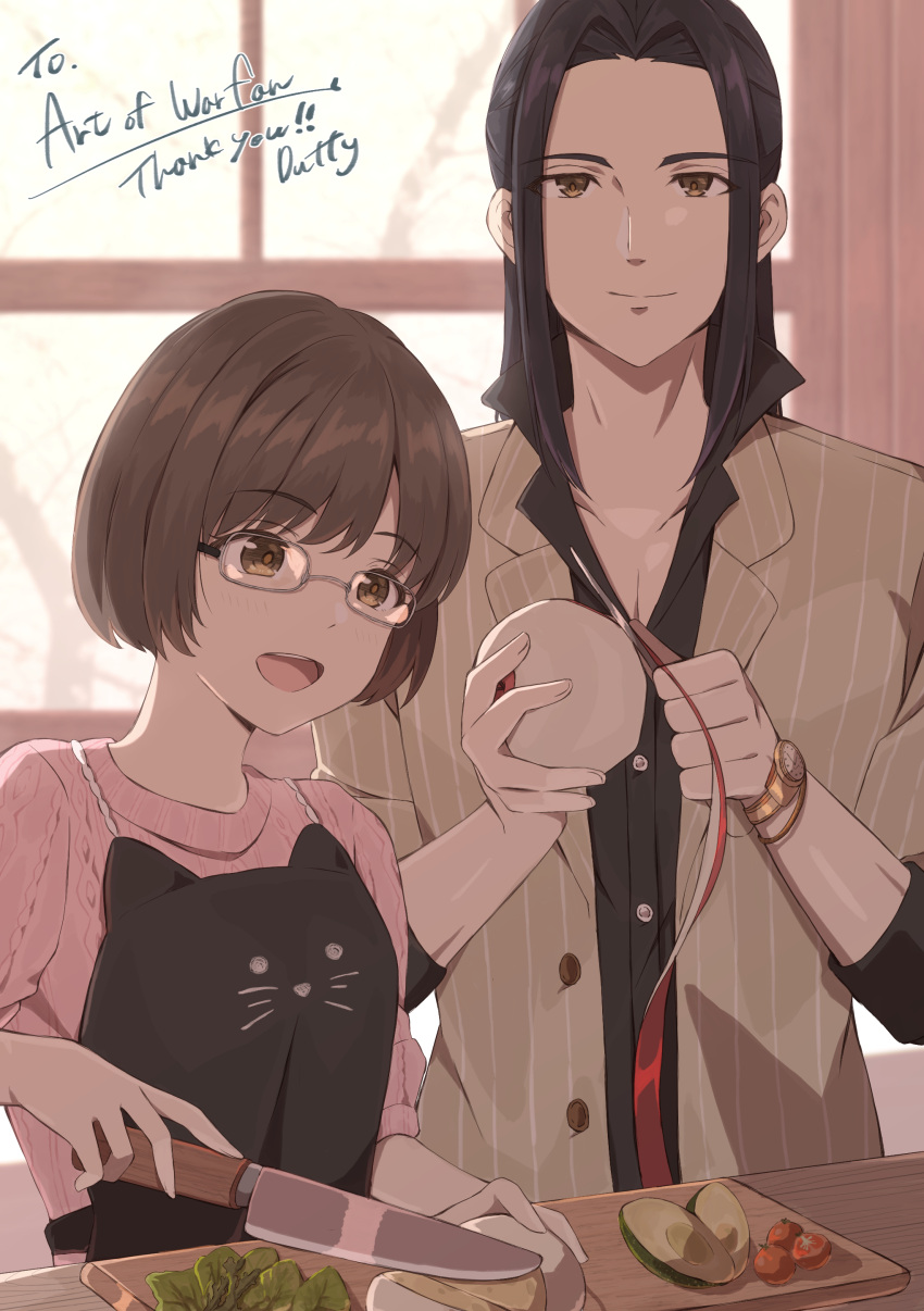 absurdres apple avocado black_hair black_shirt brown_eyes brown_hair commission cooking duffy food fruit glasses highres kitchen_knife long_hair mimi_(ricky_barnes) original shirt short_hair skeb_commission sleeves_rolled_up uncle_and_niece watch watch