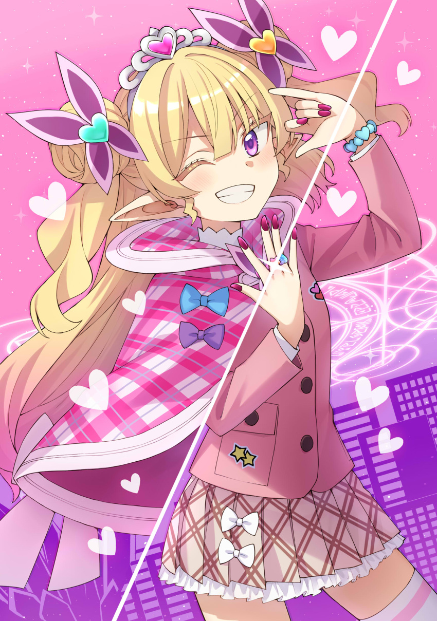 1girl \m/ absurdres aida_elulu arm_up blonde_hair commentary_request frilled_skirt frills grin hair_between_eyes hand_up highres houkago_sai_tensei! jacket long_hair looking_at_viewer nail_polish one_eye_closed pink_jacket pink_skirt plaid_cloak pleated_skirt pointy_ears purple_nails skirt smile solo somechime_(sometime1209) thigh-highs tiara very_long_hair violet_eyes white_thighhighs