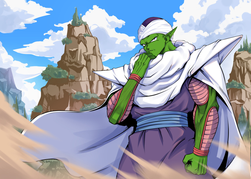 1boy alien blue_sky cape closed_mouth clouds colored_skin dougi dragon_ball dragon_ball_z dust frown green_skin highres male_focus mature_male mountain muscular muscular_male namhaekeuin piccolo pointy_ears sky solo turban white_cape