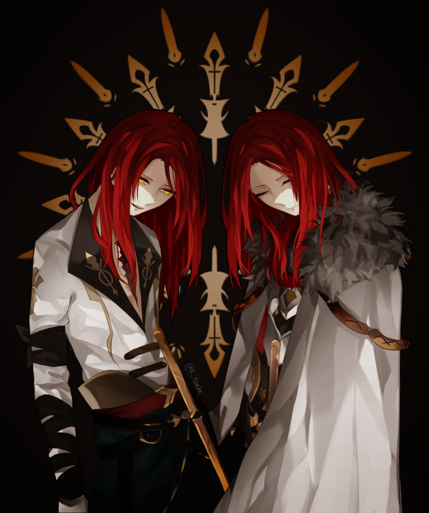 2boys armor bandaged_arm bandages black_background black_pants cape closed_eyes closed_mouth cowboy_shot dual_persona expressionless fate/grand_order fate_(series) fur-trimmed_cape fur_trim highres lapels long_hair looking_at_viewer male_focus multiple_boys pants parted_bangs parted_lips plunging_neckline redhead scar scar_on_chest sheath sheathed shirt smile sunburst sword symmetrical_pose teeth toalke_knell tristan_(fate) upper_teeth_only weapon white_cape white_shirt yellow_eyes