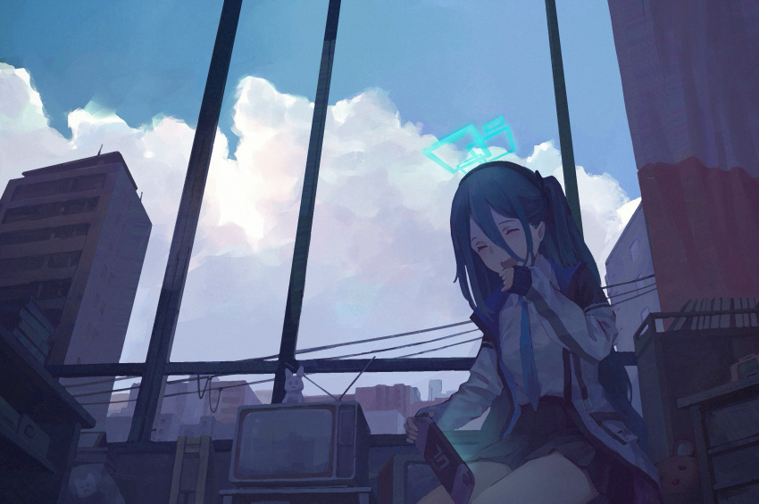 1girl absurdly_long_hair aris_(blue_archive) black_hair black_skirt blue_archive building closed_eyes clouds cloudy_sky collared_shirt day handheld_game_console highres holding holding_handheld_game_console jacket long_hair long_sleeves nintendo_switch open_clothes open_jacket open_mouth pleated_skirt shirt skirt sky smile solo television two-sided_fabric two-sided_jacket very_long_hair viscum white_shirt