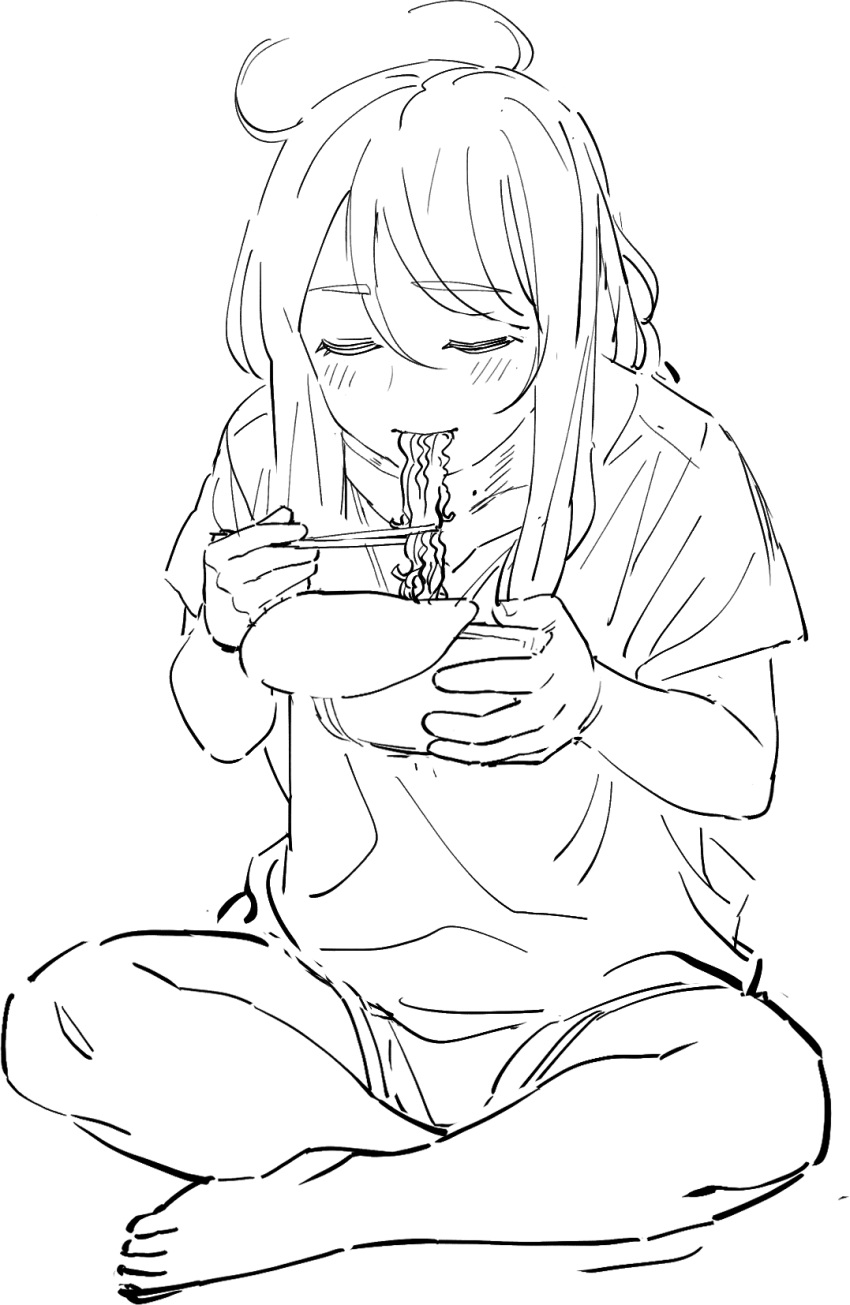 1girl ahoge barefoot cafe92 chopsticks closed_eyes closed_mouth commentary_request food food_in_mouth full_body greyscale highres holding holding_chopsticks holding_food instant_ramen korean_commentary light_blush long_hair monochrome noodles original shirt short_sleeves sitting solo
