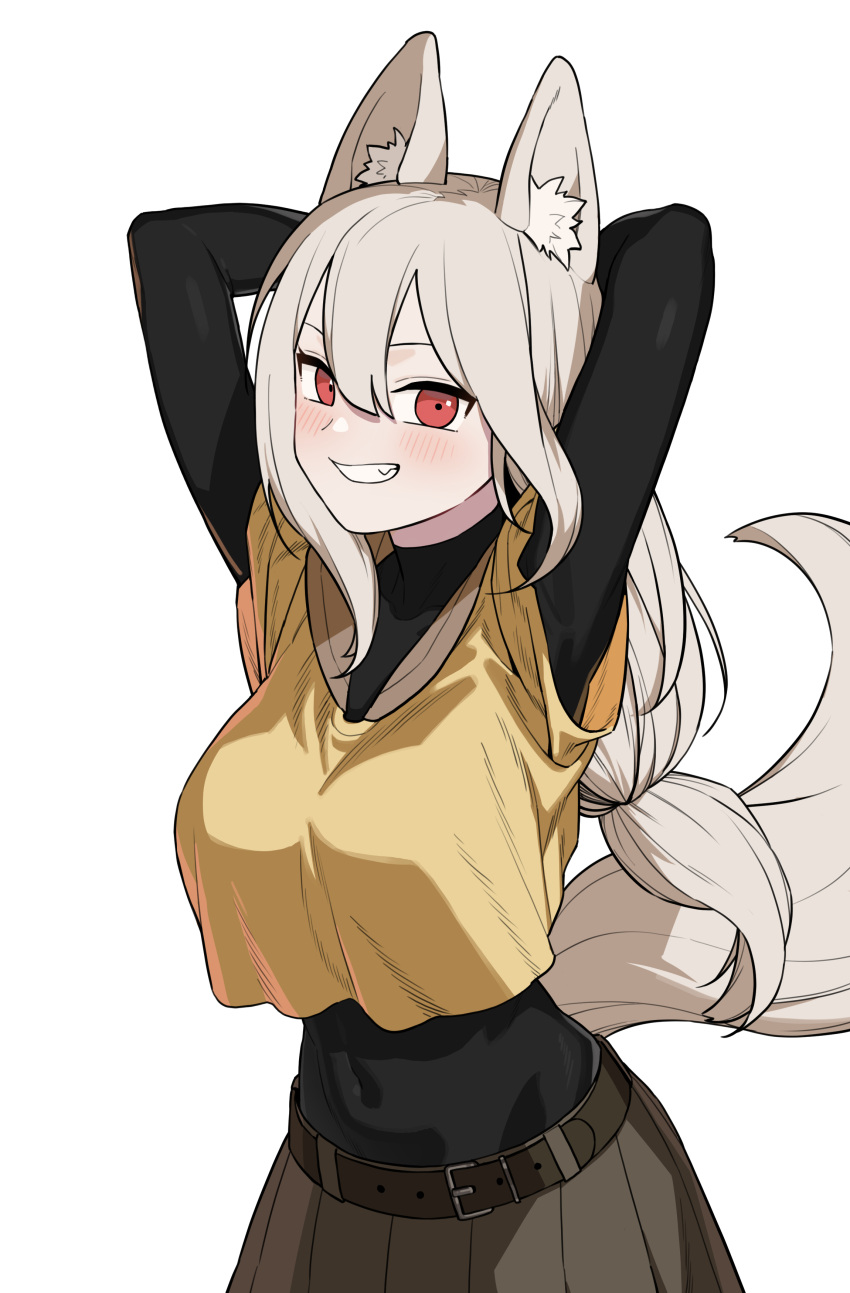 1girl absurdres animal_ear_fluff animal_ears belt black_bodysuit blush bodysuit bodysuit_under_clothes breasts cafe92 commentary dark_skin english_commentary fang fox_ears grey_hair grin highres large_breasts long_hair looking_at_viewer low-tied_long_hair original pleated_skirt shirt simple_background skirt smile solo white_background yellow_shirt