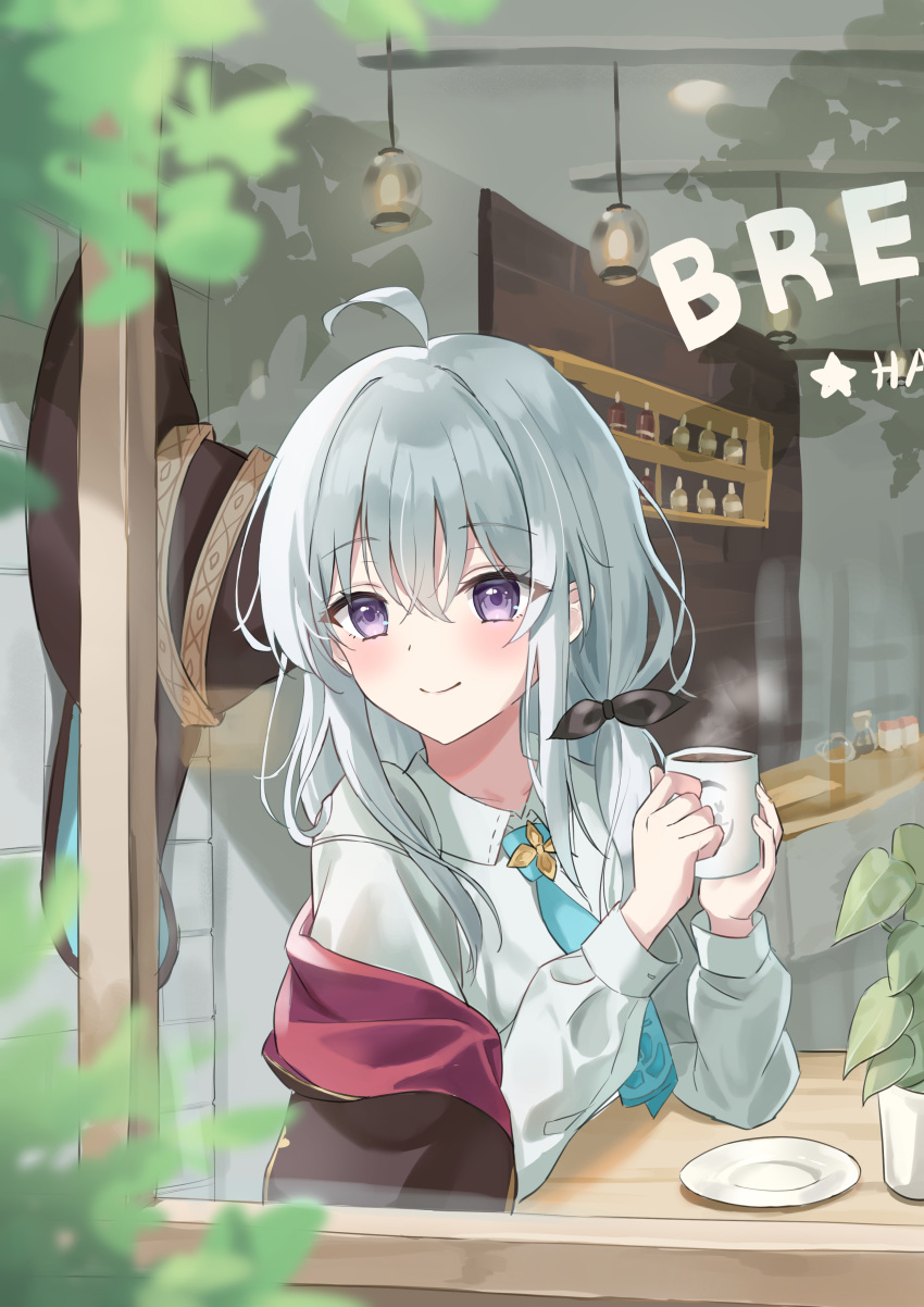 1girl absurdres ahoge arm_support blue_necktie collared_shirt cup day elaina_(majo_no_tabitabi) elbows_on_table from_outside grey_hair hair_between_eyes hair_over_shoulder hanging_light hat highres holding holding_cup hot_drink indoors k2_(kazu1030) leaf long_hair long_sleeves looking_outside looking_through_window low-tied_long_hair majo_no_tabitabi necktie off_shoulder plant potted_plant saucer shirt smile solo steam unworn_hat unworn_headwear violet_eyes white_shirt window witch_hat