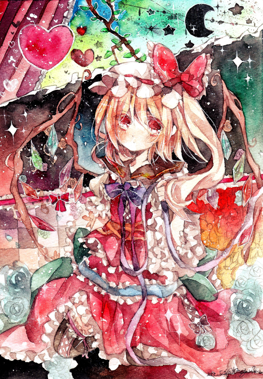 1girl adapted_costume back_bow black_thighhighs blonde_hair bow bowtie closed_mouth cola cowboy_shot crystal dot_mouth dot_nose flandre_scarlet flower frilled_bow frilled_shirt_collar frilled_skirt frilled_sleeves frilled_vest frills green_bow hat hat_bow hat_ribbon head_tilt heart highres himegamik large_bow long_hair looking_at_viewer mob_cap multicolored_wings one_side_up painting_(medium) puffy_short_sleeves puffy_sleeves purple_bow purple_bowtie red_bow red_ribbon red_skirt red_vest ribbon ribbon-trimmed_headwear ribbon_trim rose shirt short_sleeves skirt skirt_set solo thigh-highs too_many too_many_frills touhou traditional_media vest watercolor_(medium) white_headwear white_shirt wings