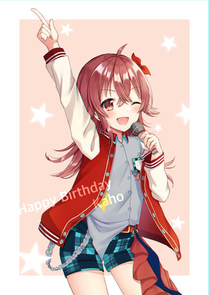 1girl absurdres arm_up belt checkered_shorts grey_shirt happy_birthday highres holding holding_microphone idolmaster idolmaster_shiny_colors jacket komiya_kaho long_hair long_sleeves microphone mochiko_(uyu_omochi) multicolored_clothes multicolored_jacket one_eye_closed open_mouth red_eyes redhead shirt solo