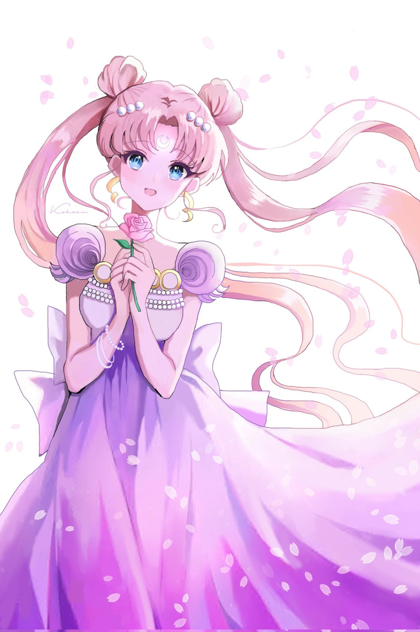 1girl back_bow bishoujo_senshi_sailor_moon blonde_hair blue_eyes bow commentary_request crescent crescent_facial_mark double_bun dress earrings facial_mark flower forehead_mark hair_bun hair_ornament highres huge_bow jewelry koharumichi long_hair princess_serenity simple_background smile solo strapless strapless_dress tsukino_usagi twintails very_long_hair white_background white_dress