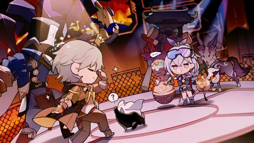 ? absurdres animal black_footwear black_jacket black_pants black_shorts caelus_(honkai:_star_rail) chewing_gum chibi chinese_commentary closed_eyes closed_mouth crossed_arms goggles goggles_on_head grey_hair greyscale high_ponytail highres honkai:_star_rail honkai_(series) indoors jacket long_hair looking_at_another monochrome official_art open_hand pants ponytail short_hair shorts silver_wolf_(honkai:_star_rail) single_drill smile standing trailblazer_(honkai:_star_rail)