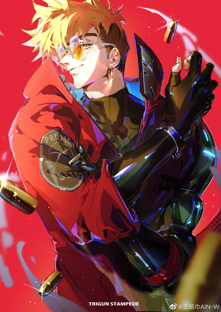 1boy absurdres bishounen black_shirt blonde_hair blue_eyes bullet closed_mouth copyright_name earrings eyelashes fingerless_gloves gloves highres jacket jewelry kami_off_record leather leather_jacket looking_at_viewer male_focus mole mole_under_eye orange-tinted_eyewear prosthesis prosthetic_arm red_background red_jacket round_eyewear shirt smile solo tinted_eyewear trigun trigun_stampede undercut vash_the_stampede