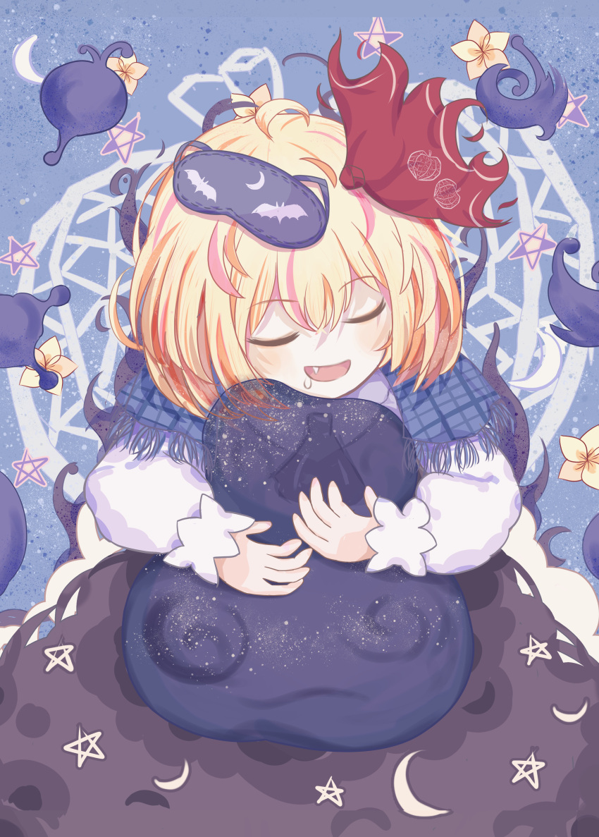 1girl absurdres black_dress blonde_hair blue_background blue_capelet capelet closed_eyes commentary_request crescent_moon crescent_print dress fang flower hair_ribbon highres moon open_mouth plaid_capelet red_ribbon ribbon ro.ro rumia short_hair sleep_mask smile solo star_(symbol) star_print touhou yellow_flower