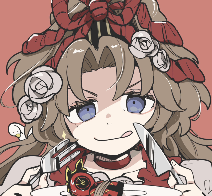 1girl 1other bird blue_eyes brown_hair choker clock coat curtained_hair dante_(limbus_company) flower fork goose highres holding holding_fork holding_knife indicant's_trial_(e.g.o) knife kojocho05 limbus_company long_hair looking_at_viewer mole mole_under_eye object_head parted_bangs project_moon red_background red_choker red_coat rodion_(project_moon) rose simple_background solo_focus tongue tongue_out updo upper_body white_flower white_rose