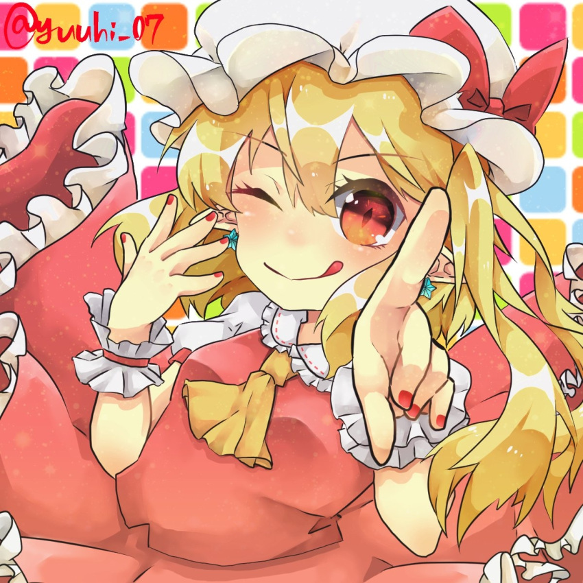 1girl ;q artist_name ascot bow breasts closed_mouth cowboy_shot earrings flandre_scarlet frilled_shirt_collar frilled_skirt frills hair_between_eyes hat hat_bow highres jewelry leaning_back long_hair looking_at_viewer mob_cap multicolored_background nail_polish narugami_yuuhi one_eye_closed one_side_up pointing pointing_at_viewer pointy_ears puffy_short_sleeves puffy_sleeves red_bow red_eyes red_nails red_skirt red_vest shirt short_sleeves simple_background skirt skirt_set small_breasts solo tongue tongue_out touhou twitter_username v-shaped_eyebrows vest white_headwear white_shirt wrist_cuffs yellow_ascot