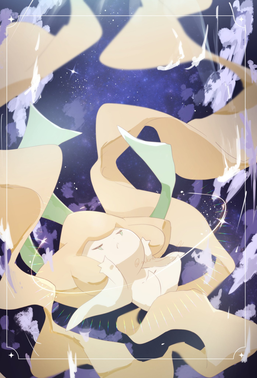 border closed_eyes clouds commentary emphasis_lines facial_mark facing_up floating highres jirachi mikurube_2290 no_humans parted_lips pokemon pokemon_(creature) polaris_(star) sky sparkle star_(sky) starry_sky twitter_username white_border