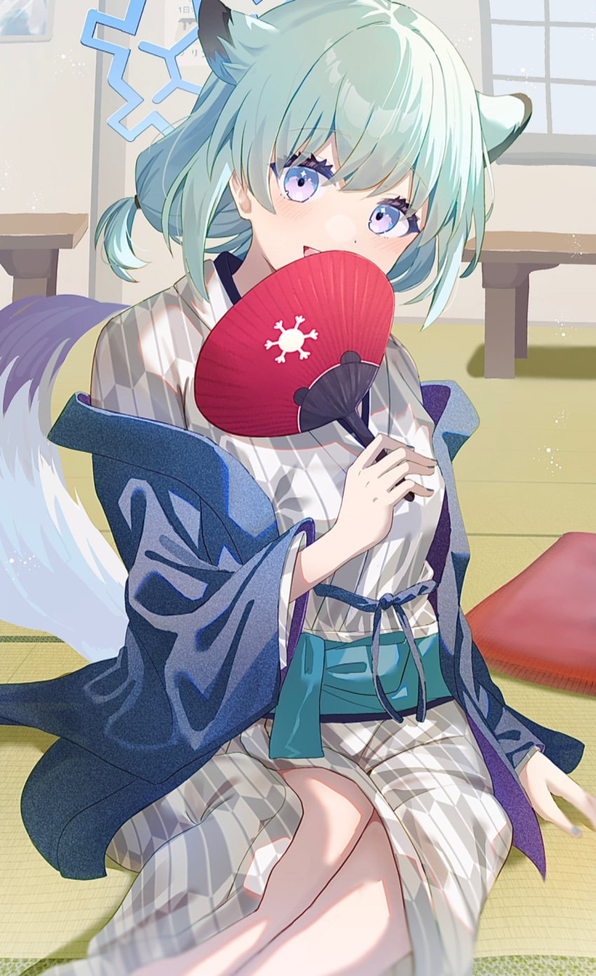 1girl animal_ears bath_yukata blue_archive blue_halo green_hair halo hand_fan highres holding holding_fan japanese_clothes kimono looking_at_viewer no.054_(adar5857) official_alternate_costume open_mouth paper_fan shigure_(blue_archive) shigure_(hot_spring)_(blue_archive) short_hair smile solo uchiwa violet_eyes weasel_ears yukata
