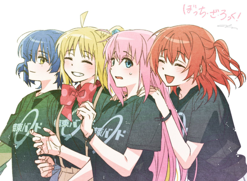 4girls :d ^_^ ahoge bim0ngsam0ng black_shirt blonde_hair blue_eyes blue_hair blush bocchi_the_rock! bow bowtie bracelet brown_pants closed_eyes closed_mouth commentary_request copyright_name facing_viewer gotoh_hitori hair_between_eyes hand_on_another's_shoulder highres ijichi_nijika jewelry kita_ikuyo korean_commentary long_hair looking_at_another looking_back mole mole_under_eye multiple_girls nervous one_side_up open_mouth pants pink_hair polka_dot polka_dot_bow red_bow red_bowtie redhead shirt short_hair short_sleeves side_ponytail signature simple_background smile suspenders t-shirt teeth upper_body white_background yamada_ryo yellow_eyes