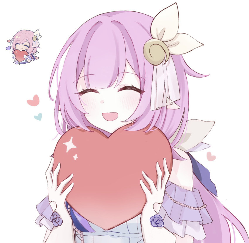 1girl ^_^ bare_shoulders chibi chibi_inset closed_eyes closed_mouth commentary_request detached_sleeves elysia_(honkai_impact) gloves heart highres honkai_(series) honkai_impact_3rd honkai_impact_3rd_sticker_redraw_(meme) long_hair meme open_mouth pink_hair simple_background solo tdatnst upper_body white_background white_gloves white_headwear