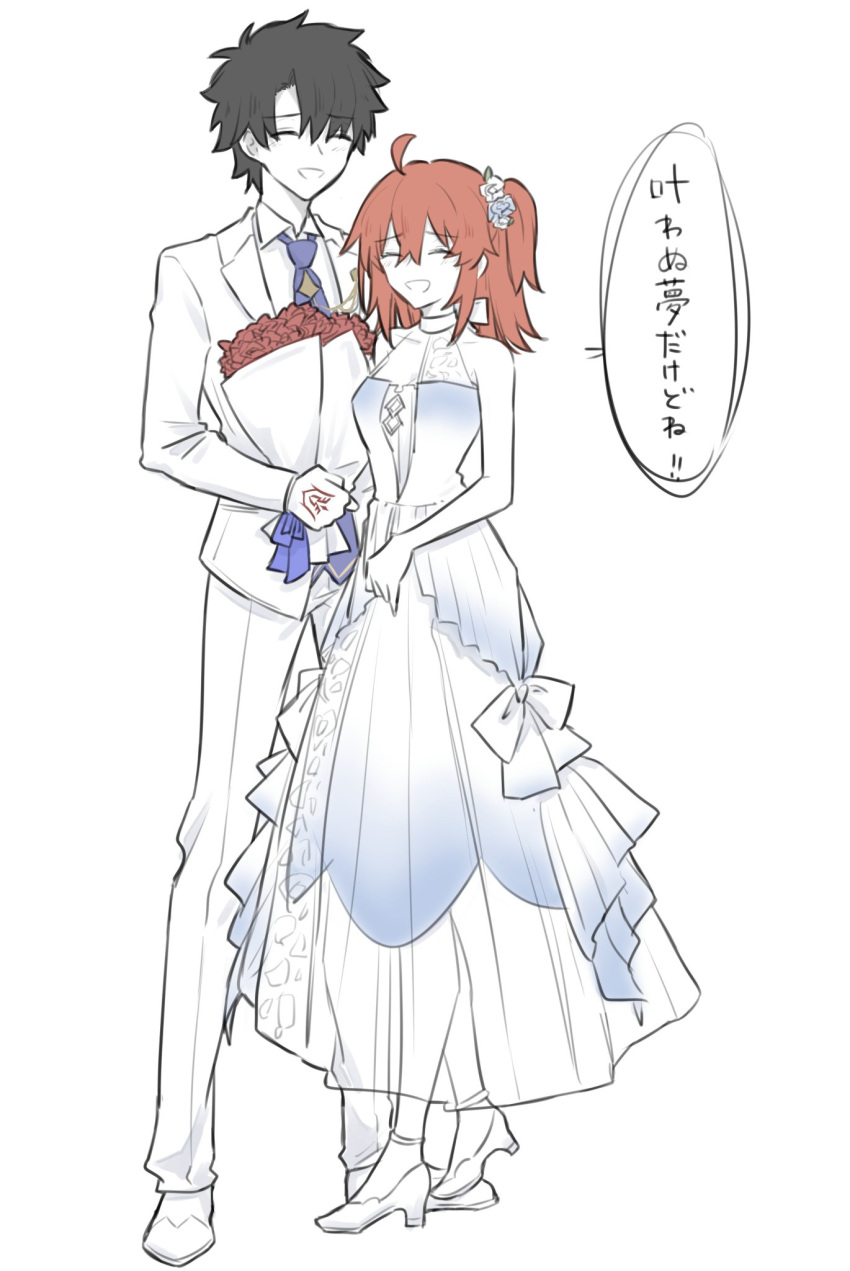 1boy 1girl ahoge black_hair blue_eyes blue_necktie bouquet breasts chaldea_logo choker closed_eyes command_spell commentary_request double-parted_bangs dress fate/grand_order fate_(series) flower fujimaru_ritsuka_(female) fujimaru_ritsuka_(male) hair_between_eyes hair_flower hair_ornament hair_tie high_heels highres holding holding_bouquet medium_breasts necktie open_mouth orange_hair parted_bangs red_flower short_hair side_ponytail speech_bubble suit translation_request white_background white_choker white_dress white_flower white_suit yukihara_sbgd