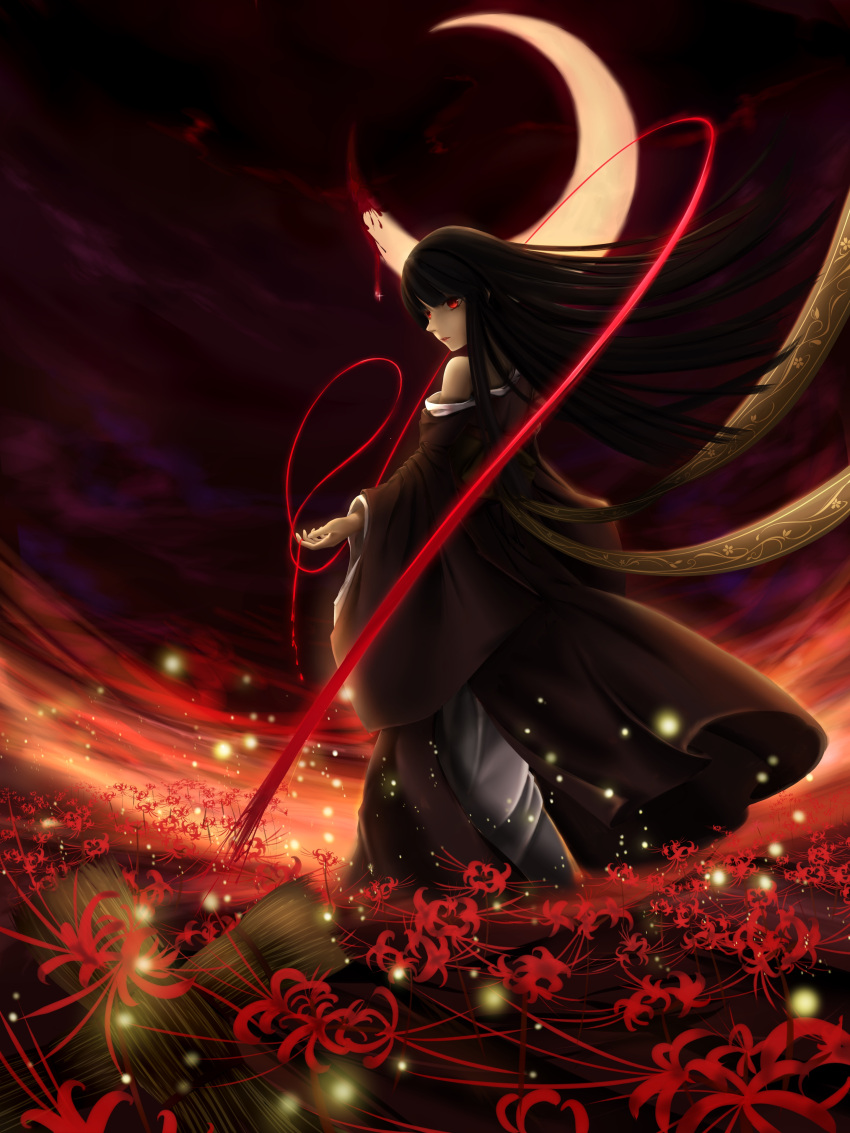 1girl absurdres black_hair black_kimono blood blunt_bangs crescent_moon enma_ai flower full_body highres hime_cut japanese_clothes jigoku_shoujo kimono long_hair long_sleeves looking_to_the_side moon nes_tle night night_sky parted_lips red_eyes red_flower ribbon single_bare_shoulder sky solo spider_lily standing straw_doll string wide_sleeves
