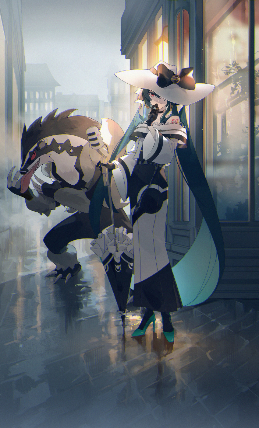 1girl absurdres an_d_01 bare_shoulders black_bow black_choker black_gloves bow choker claws dark_miku_(project_voltage) earrings fog gloves green_footwear green_hair hat hat_bow hatsune_miku high_heels highres holding holding_umbrella jewelry long_skirt long_sleeves looking_at_viewer luxury_ball microphone obstagoon off_shoulder one_eye_covered pavement poke_ball pokemon pokemon_(creature) project_voltage red_eyes ring skirt smile tongue tongue_out twintails umbrella uneven_twintails vocaloid white_headwear