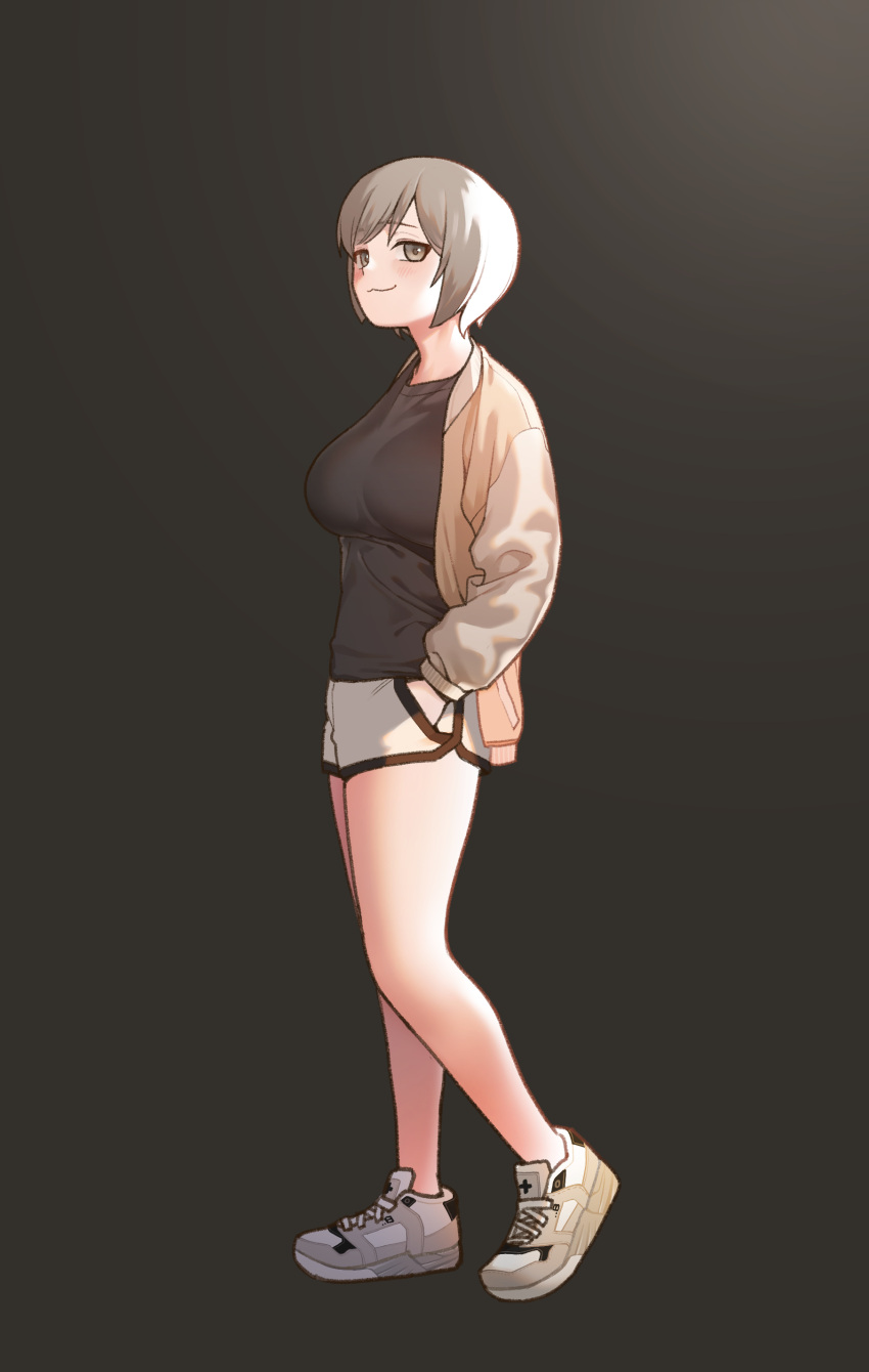 1girl :3 absurdres bare_legs black_background black_shirt breasts brown_eyes cafe92 closed_mouth commentary_request dolphin_shorts from_side full_body grey_hair hands_in_pockets highres korean_commentary large_breasts looking_at_viewer original shirt short_hair short_shorts shorts solo white_footwear white_shorts