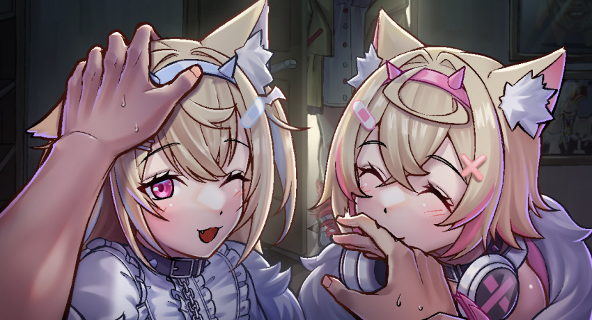 3girls animal_ear_fluff animal_ears belt_collar biting biting_another's_hand black_collar black_jacket blue_hair blush closed_eyes closed_mouth collar dog_ears dog_girl dress fake_claws fur-trimmed_jacket fur_trim fuwawa_abyssgard hair_ornament hairpin headpat headphones headphones_around_neck hololive hololive_english inugami_korone inugami_korone_(1st_costume) jacket long_hair looking_at_viewer medium_hair mococo_abyssgard multicolored_hair multiple_girls one_eye_closed open_mouth pink_hair short_dress siblings sidelocks sisters smile spiked_collar spikes streaked_hair twins two_side_up virtual_youtuber white_dress x_hair_ornament yellow_jacket ys_doggy