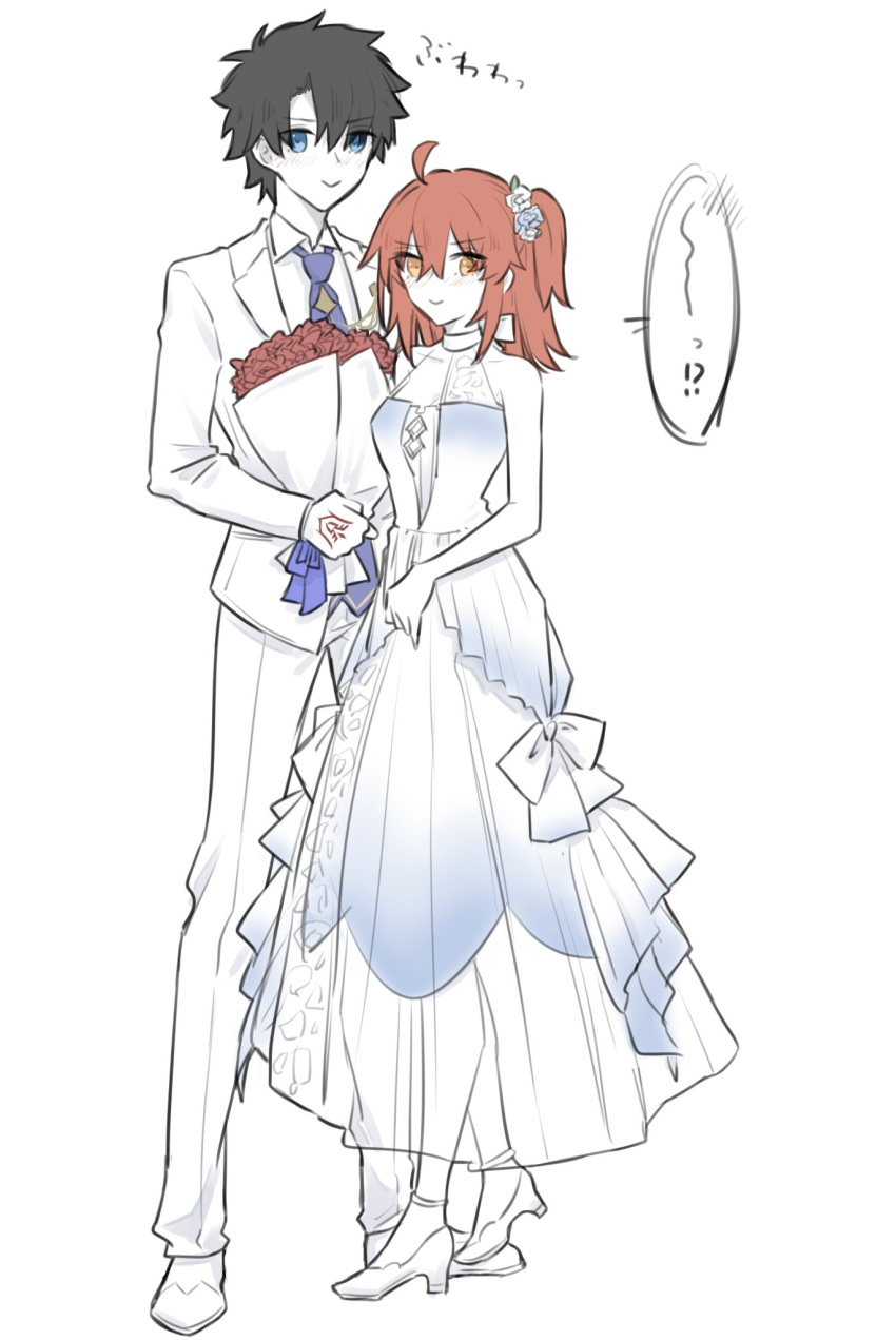 !? 1boy 1girl ahoge black_hair blue_eyes blue_necktie bouquet breasts chaldea_logo choker command_spell commentary_request double-parted_bangs dress fate/grand_order fate_(series) flower fujimaru_ritsuka_(female) fujimaru_ritsuka_(male) hair_between_eyes hair_flower hair_ornament hair_tie high_heels highres holding holding_bouquet light_blush light_smile medium_breasts necktie orange_hair parted_bangs red_flower short_hair side_ponytail speech_bubble suit translation_request white_background white_choker white_dress white_flower white_suit yukihara_sbgd
