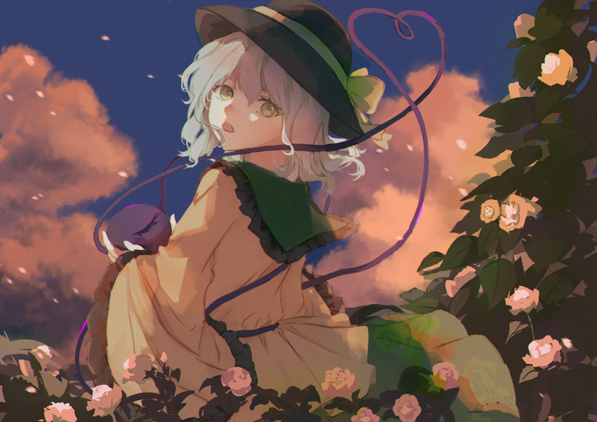 1girl black_headwear blouse bow clouds commentary epikouros floral_print flower frilled_shirt_collar frilled_sleeves frills from_behind green_eyes green_skirt grey_hair hair_between_eyes hat hat_bow heart heart_of_string highres holding komeiji_koishi long_sleeves looking_at_viewer looking_back medium_hair open_mouth outdoors rose rose_print shirt skirt sky solo third_eye touhou upper_body wide_sleeves yellow_bow yellow_flower yellow_rose yellow_shirt