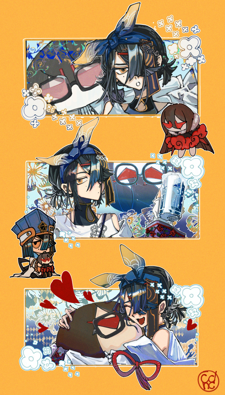 absurdres black_hair blue_hairband bow chibi commentary_request cup fate/grand_order fate_(series) glasses hair_between_eyes hair_bow hair_ornament hairband heart highres holding holding_cup hug kongnan_147 light_blush looking_at_viewer mug multiple_hairpins short_hair smile stuffed_toy xu_fu_(fate) yellow_background yu_mei-ren_(fate)