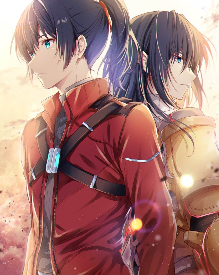 2boys armor back-to-back black_hair black_sweater blue_eyes closed_mouth commentary_request dual_persona hair_between_eyes hair_tie highres jacket long_hair long_sleeves male_focus multiple_boys n_(xenoblade) noah_(xenoblade) ponytail profile red_jacket ribbed_sweater shoulder_armor sweater turtleneck turtleneck_sweater ui_frara xenoblade_chronicles_(series) xenoblade_chronicles_3