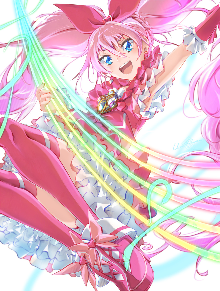 1girl blue_eyes bow brooch choker clear_glass_(mildmild1311) cure_melody earrings frills gradient_background guitar heart heart_brooch highres houjou_hibiki instrument jewelry long_hair looking_at_viewer magical_girl midriff open_mouth pink_bow pink_choker pink_hair precure ribbon skirt smile solo suite_precure thigh-highs twintails white_background