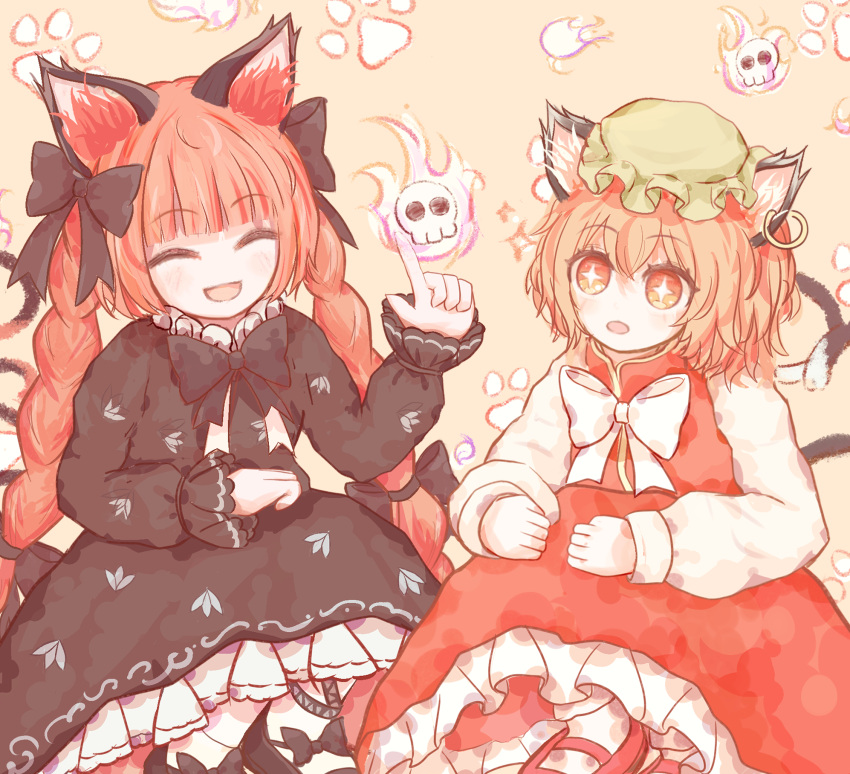 +_+ 2girls :d animal_ear_fluff animal_ear_piercing animal_ears black_bow black_bowtie black_dress black_footwear bow bowtie brown_eyes brown_hair cat_ears cat_girl cat_tail chen closed_eyes dress earrings footwear_bow green_headwear hat highres hitodama jewelry kaenbyou_rin long_sleeves looking_at_viewer mob_cap multiple_girls multiple_tails nekomata open_mouth paw_print paw_print_background ro.ro short_hair single_earring skull smile tail touhou two_tails white_bow white_bowtie