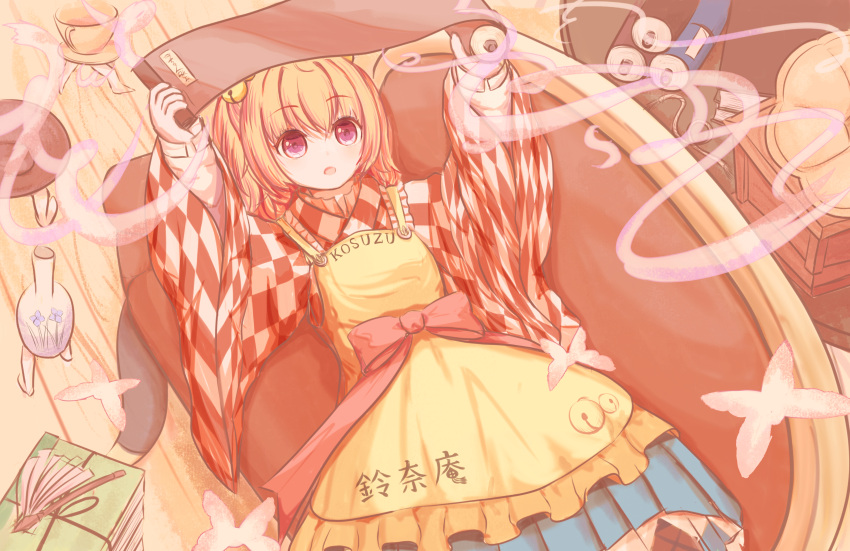1girl absurdres apron bell blue_skirt character_name checkered_clothes checkered_kimono commentary_request couch forbidden_scrollery frilled_skirt frills hair_bell hair_ornament highres holding holding_scroll indoors japanese_clothes kimono long_sleeves motoori_kosuzu orange_hair phonograph red_eyes ro.ro scroll short_hair skirt solo touhou two_side_up wide_sleeves yellow_apron