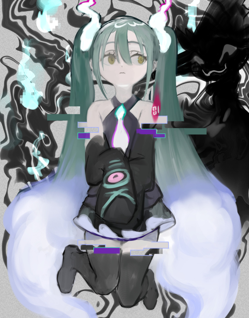 1girl bare_shoulders black_skirt black_sleeves closed_mouth commentary_request detached_arm detached_legs detached_sleeves distortion floating full_body ga4me4 ghost_miku_(project_voltage) glitch gradient_hair green_hair grey_background grey_shirt grey_thighhighs hair_between_eyes hatsune_miku highres long_hair looking_to_the_side mismagius multicolored_hair necktie pale_skin pokemon print_sleeves project_voltage see-through see-through_skirt shirt skirt sleeveless sleeveless_shirt sleeves_past_fingers sleeves_past_wrists solo thigh-highs twintails very_long_hair vocaloid white_hair white_necktie yellow_eyes