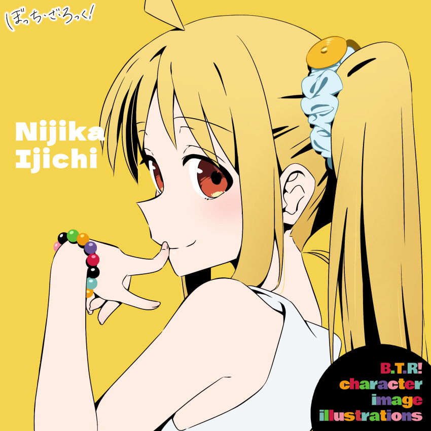 1girl absurdres ahoge bare_shoulders bead_bracelet beads blonde_hair bocchi_the_rock! bracelet character_name choppy_bangs copyright_name finger_to_mouth from_side hair_ornament hair_scrunchie hand_up highres ijichi_nijika jewelry long_hair looking_at_viewer nape oekaki_bibbi red_eyes scrunchie shirt side_ponytail sidelocks simple_background sleeveless sleeveless_shirt smile solo white_shirt yellow_background yellow_theme